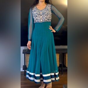 Indian anarkhali w/ dupatta, pants. Adult XS. Model 5’2”, 32 B, weight 98 lbs